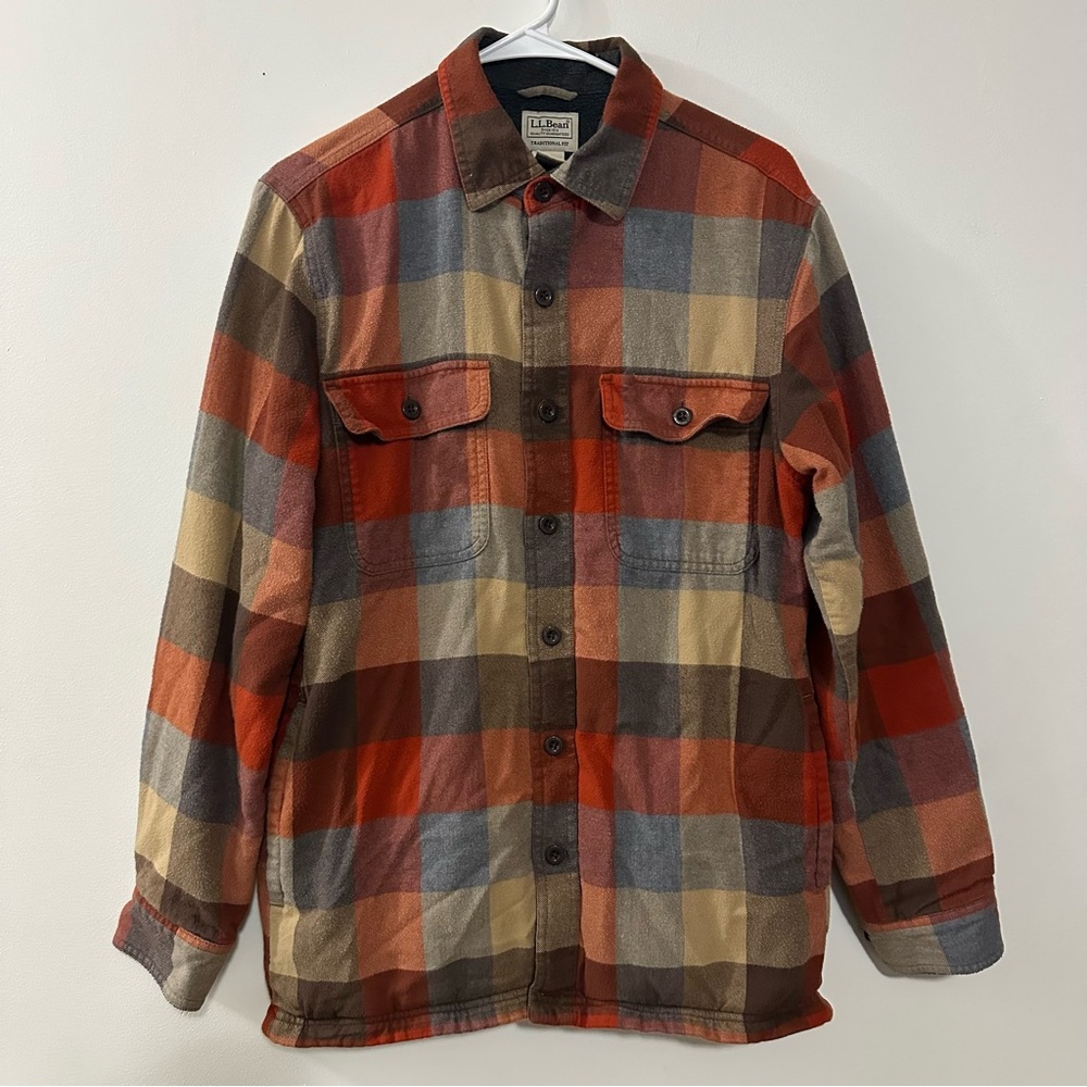 L.L.‎ Bean Mens Multicolor Plaid Flannel Fleece Lined Shirt Jacket Size Small